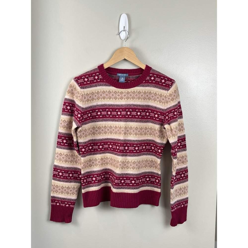 Quest Women's M‎ 100% Lambswool Sweater Fair Isle Pink Beige Tan Pullover